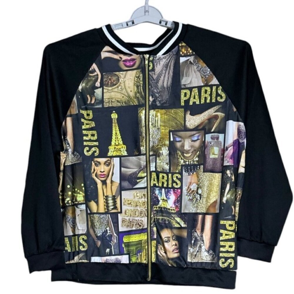 Blush Paris Bomber Jacket Magazine Varsity Zip Up Gold Black Women Large-XLarge - Picture 15 of 15